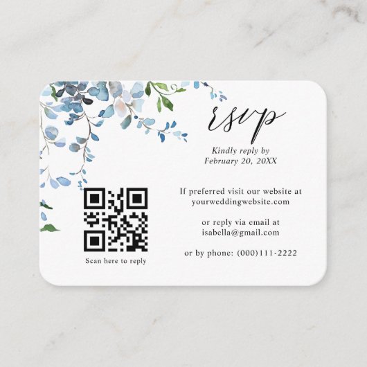 Dusty Blue Floral Wisteria QR Code Weddenschap RSV Informatiekaartje (Voorkant)