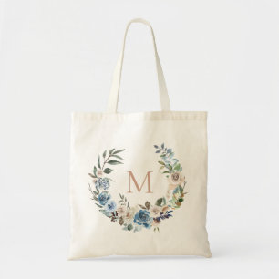 Dusty Blue Floral Wreate Monogram Tote Bag