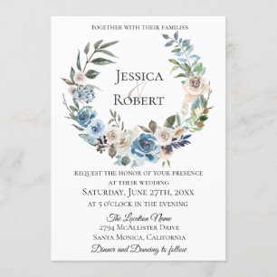 Dusty Blue Floral Wreath Wedding Invitation Kaart