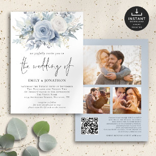 Dusty Blue Florals 3 foto's QR Code Bruiloft Kaart
