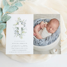 Dusty Blue Florals Baptism Fotouitnodiging Kaart
