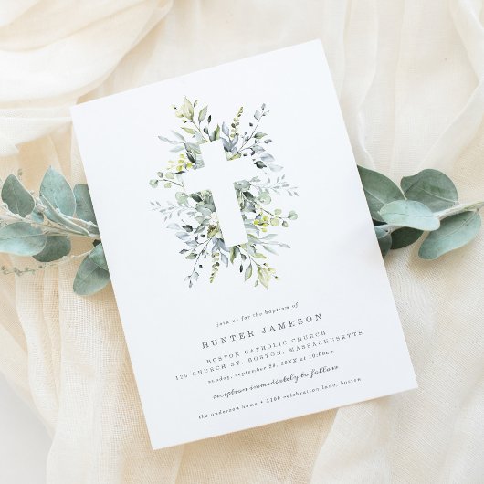 Dusty Blue Florals Baptism Invitation Kaart