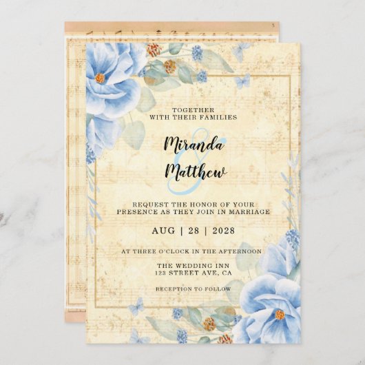 Dusty Blue Florals  blad Music Wedding Kaart (Voorkant / Achterkant)