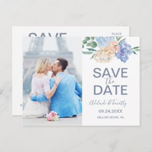 Dusty Blue Florals Foto Save the Date Briefkaart