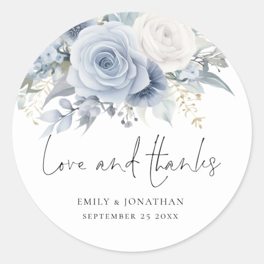 Dusty Blue Florals Liefde Bedankt Bruiloft Ronde Sticker (Voorkant)