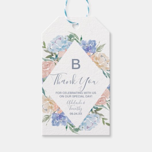 Dusty Blue Florals Monogram Hartelijk dank Cadeaulabel (Voorkant)