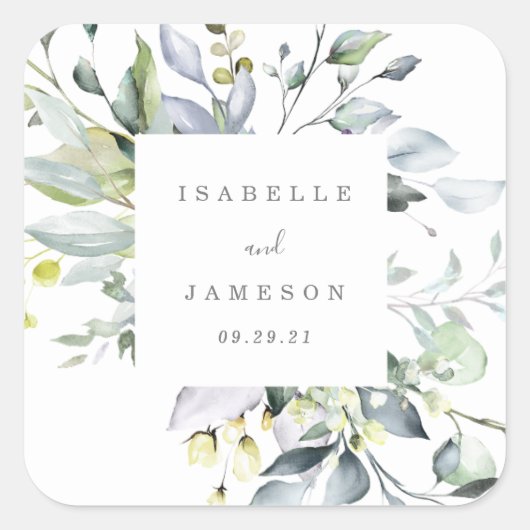 Dusty Blue Florals Monogram Sticker Label (Voorkant)