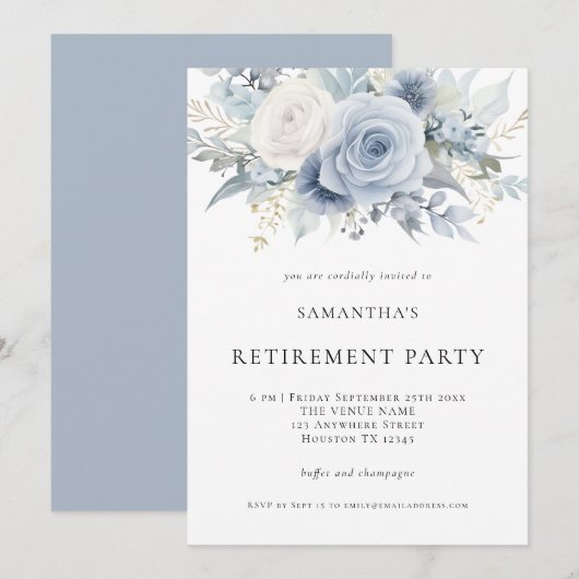 Dusty Blue Florals Pensioen Party Uitnodiging (Voorkant / Achterkant)