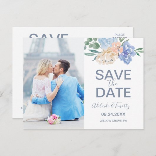 Dusty Blue Florals Photo Enregistrer la date Carte (Devant / Derrière)