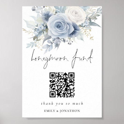 Dusty Blue Florals QR Code Huwelijksreis Fonds Bru Poster (Voorkant)