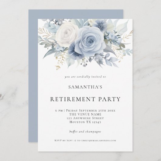 Dusty Blue Florals Retraite Party Invitation (Devant / Derrière)