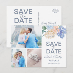 Dusty Blue Florals Save the Date 3 Photo Briefkaar Aankondigingskaart
