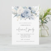Dusty Blue Florals Script Pensioenfeest Uitnodigen Kaart (Staand voorkant)