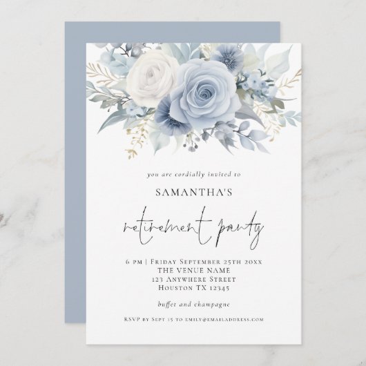 Dusty Blue Florals Script Pensioenfeest Uitnodigen Kaart (Voorkant / Achterkant)