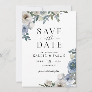 Dusty Blue Florals Waterverf Save the Date Kaart