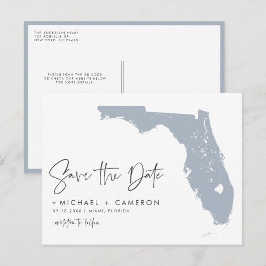 Dusty Blue Florida Kaart QR Code Bewaar de datum (Voorkant / Achterkant)