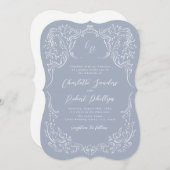 Dusty Blue  Flourish Monogram Wedding Kaart (Voorkant / Achterkant)