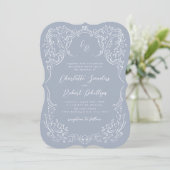 Dusty Blue  Flourish Monogram Wedding Kaart (Staand voorkant)
