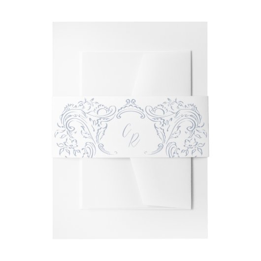 Dusty Blue  Flourish Monogram Wedding Uitnodigingen Wikkel (Voorkant Voorbeeld)