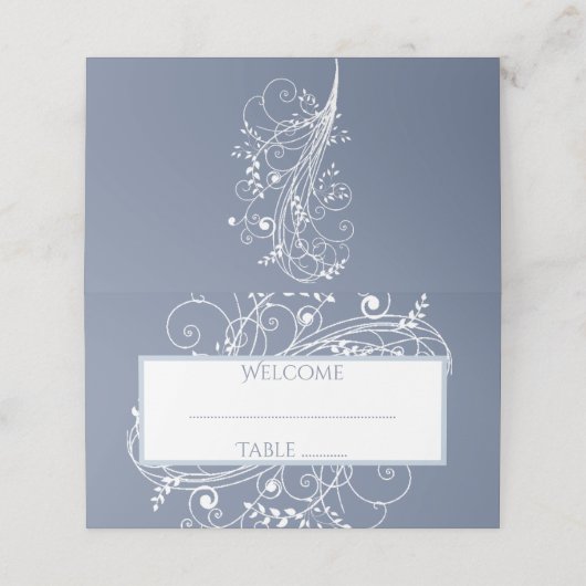 Dusty Blue Flourish Reception Place Card (Buitenkant ongevouwen)