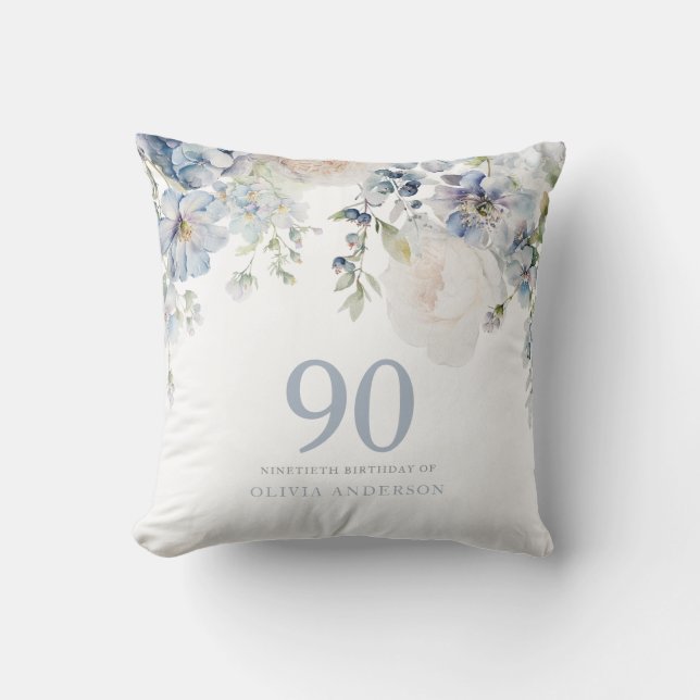 Dusty Blue Flowers 90th Birthday Party Gift Kussen (Voorkant)