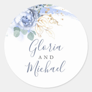 Dusty Blue Flowers en Gold Greenery Ronde Sticker