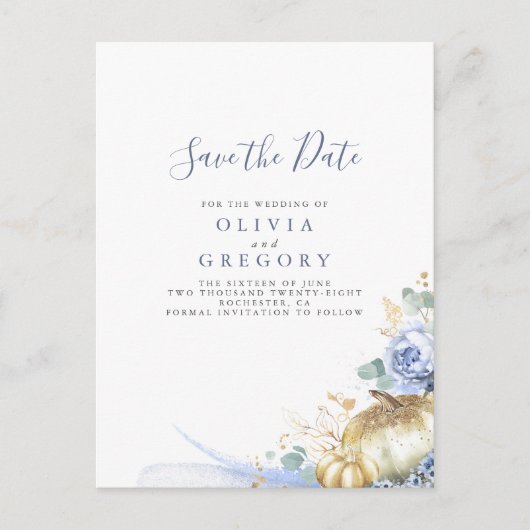 Dusty Blue Flowers en Pompoenen sparen de datum Aankondigingskaart (Voorkant)