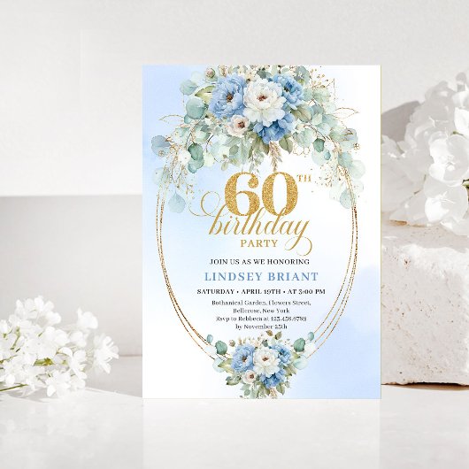 Dusty Blue Flowers Gold 60th Birthday Invitation