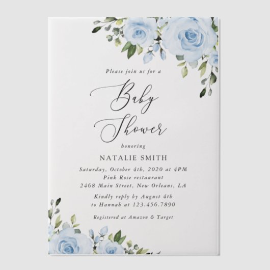 Dusty Blue Flowers, Greenery, Boho, Baby shower Vellum Uitnodigingen (Voorkant)