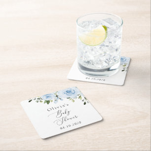 Dusty Blue Flowers, Greenery, Boho, Baby shower Vierkante Kartonnen Onderzetter