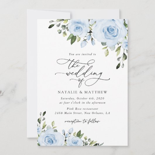 Dusty Blue Flowers, Greenery, Boho, Floral Wedding Kaart (Voorkant)