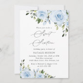 Dusty Blue Flowers, Greenery, Boho, Sweet 16 Kaart (Voorkant)