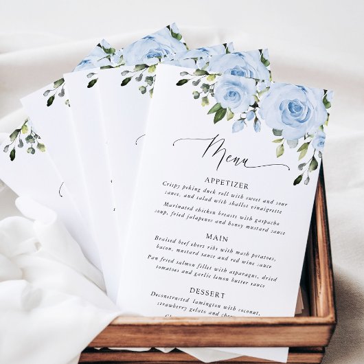 Dusty Blue Flowers, Greenery, Bridal Shower Menu