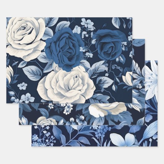 Dusty Blue Flowers Marine Inpakpapier Vel (Set)