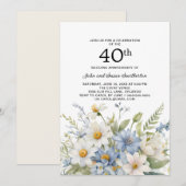 Dusty Blue Flowers White Daisies 40e Jubileum Kaart (Voorkant / Achterkant)