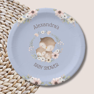 Dusty Blue Flowers Woodland Owl Baby Girl Shower Papieren Bordje