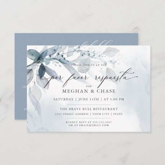 Dusty Blue Foliage CUSTOM2 RSVP DÉTAILS Invitation (Devant / Derrière)
