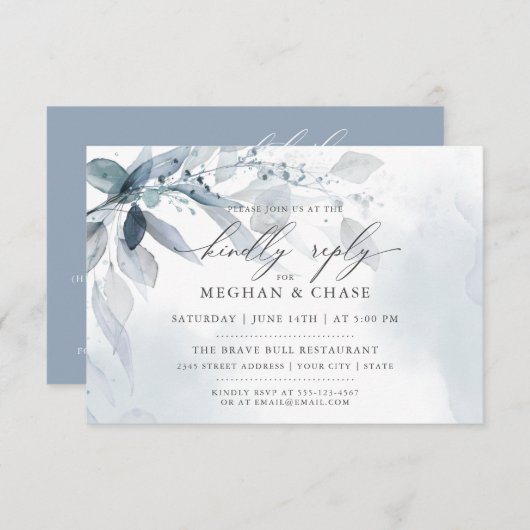 Dusty Blue Foliage CUSTOM RSVP DÉTAILS Invitation (Devant / Derrière)