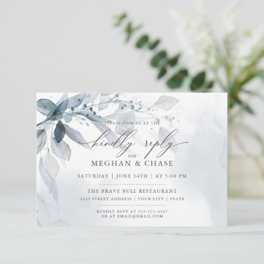 Dusty Blue Foliage CUSTOM RSVP DETAILS Uitnodiging (Staand voorkant)