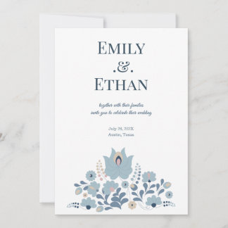 Dusty Blue Folk Floral Wedding Invitation Kaart