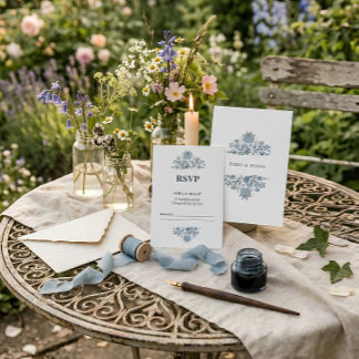 Dusty Blue Folk Floral Wedding RSVP Kaartje