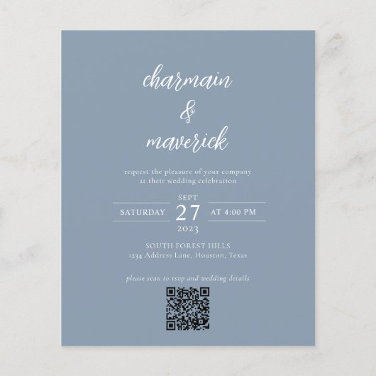 Dusty Blue Foto QR Code Budget Bruiloft Uitnodigin Flyer (Achterkant)