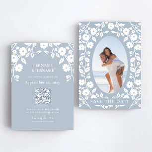 Dusty Blue Foto QR Website White Folk Floral Save The Date