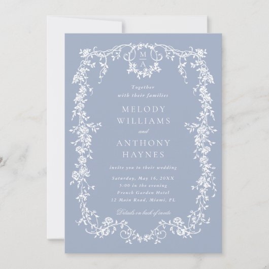 Dusty Blue French Floral Wedding Alles in één Kaart (Voorkant)