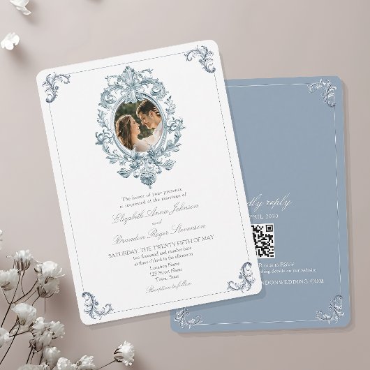 Dusty Blue French Rococo Wedding Kaart