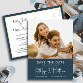 Dusty Blue Fun Script Modern Photo Weddenschap Sav Aankondigingskaart