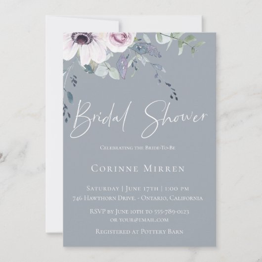 Dusty Blue Garden Floral Bridal Shower Invitation (Devant)