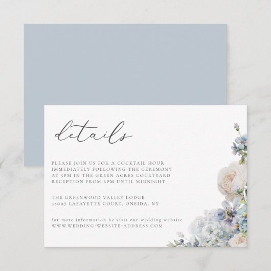 Dusty Blue Garden Floral Mariage Détails Carte (Devant / Derrière)