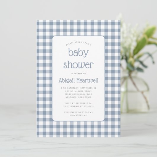 Dusty Blue Gingham Check Baby shower Kaart (Staand voorkant)
