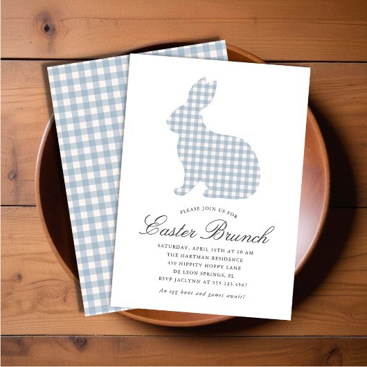 Dusty Blue Gingham Rabbit Easter Brunch Kaart